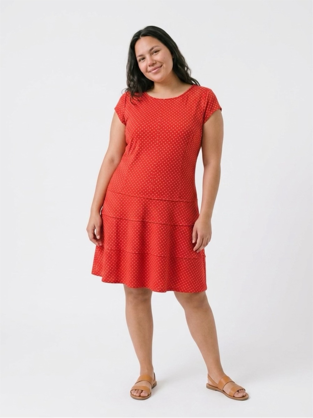 Chelsea Suite Women’s Red Polka Dot Tiered Short Sleeve Dress